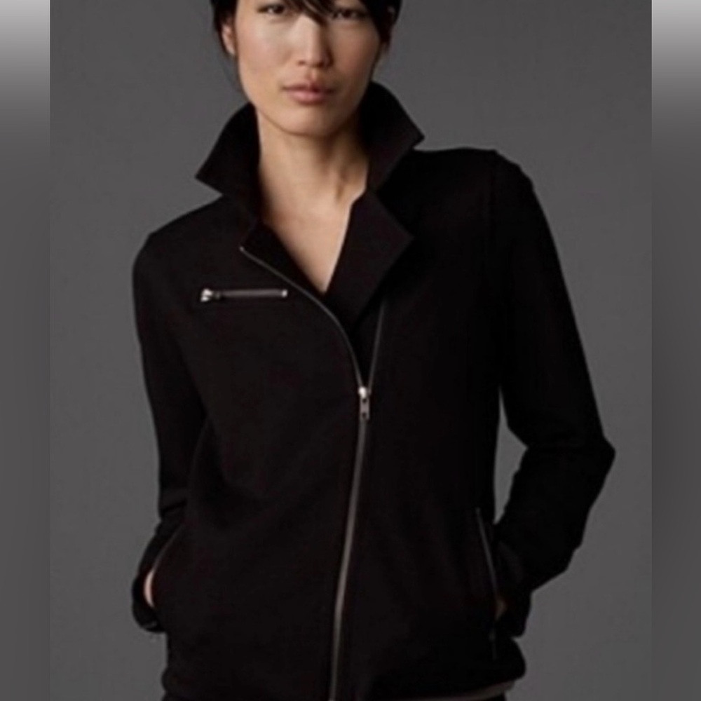 Eileen Fisher Black Ponte Knit Moto Asymmetrical Zip Blazer Jacket Small